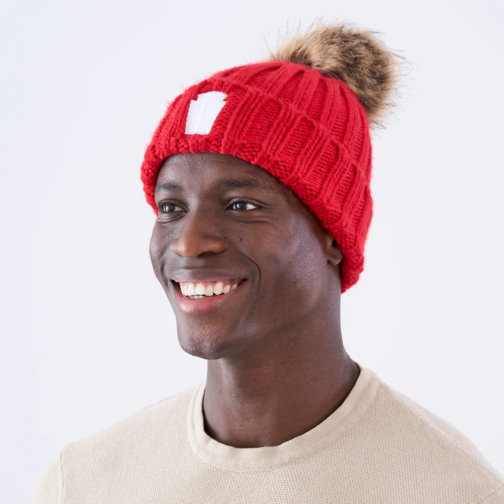 Red Embroidered Chunky Rib Knit Beanie Hat Image 1